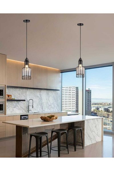 best power Modern Pendant Lamp 2244-1 – Glass Shade with Metal Frame - 80cm Cord – E27 Base (Bulb Not Included)