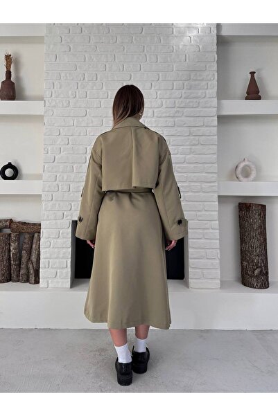 Bella Breeze Kadın Düğme Detaylı Kuşaklı Uzun Geniş Kesim Trençkot