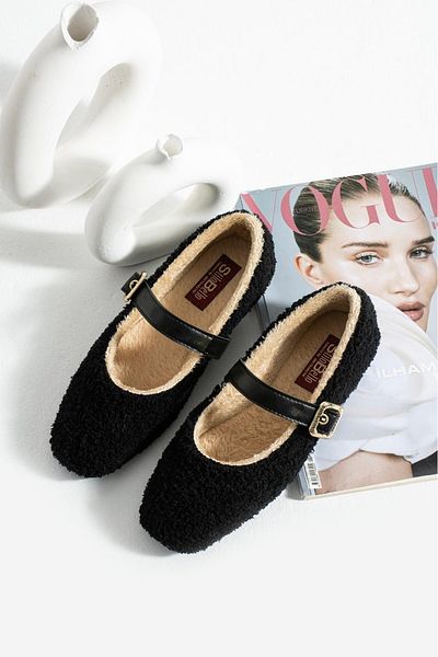 AlbiShoes Women's Winter Belted Buckle Plush Woolen Furry Dowry Bundle Fluffy Home Indoor Outdoor Ballerinas