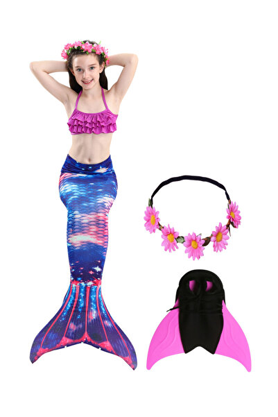 THK Set costum sirenă Ariel THK®, format din 5 piese, include top, chiloți, coadă de sirenă, 120 cm, 5-6 ani