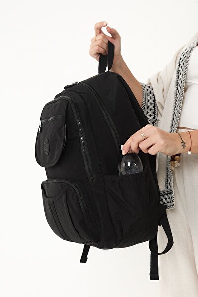 H&D COLLECTİON Unisex Waterproof Crinkle Fabric Multi-Compartment Black Laptop School and Backpack
