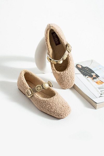 AlbiShoes Women's Winter Stoned Buckle Plush Wool Home Ballerina Dowry Bundle Fluffy Indoor Outdoor Ballerina