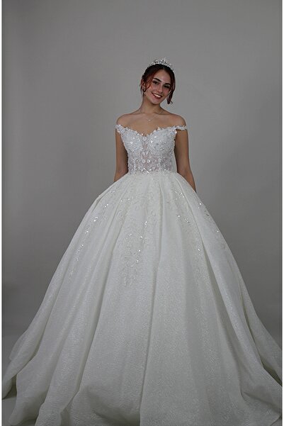 Bianco Vita Işıltılı, İşlemeli, Düşük Omuzlu, Dantel Kabarık Prenses Gelinlik