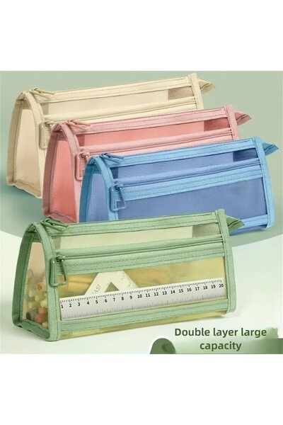 Genel Markalar Şeffaf Fileli Çift Katmanlı Kalem Kutu,ofis Malzeme Organizatörü,makyaj Çanta,kalemlik
