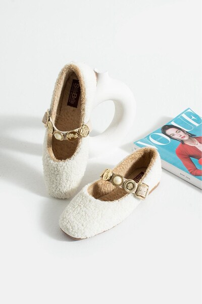 AlbiShoes Women's Winter Stoned Buckle Plush Wool Home Ballerina Dowry Bundle Fluffy Indoor Outdoor Ballerina