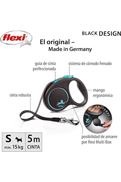 Flexi حزام مشي للكلاب بتصميم أسود أوتوماتيكي بطول 5 متر [S] (أزرق)