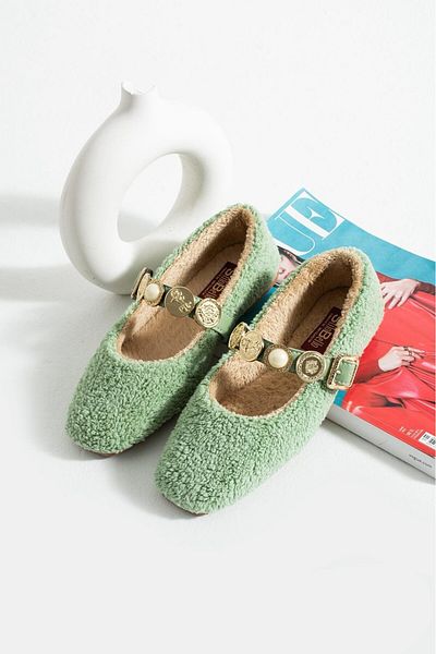 AlbiShoes Women's Winter Stoned Buckle Plush Wool Home Ballerina Dowry Bundle Fluffy Indoor Outdoor Ballerina