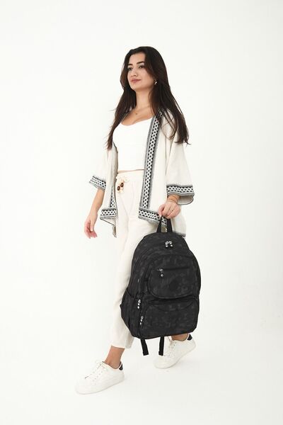 H&D COLLECTİON Unisex Waterproof Crinkle Fabric Multi-Compartment Black Patterned Laptop School and Backpack