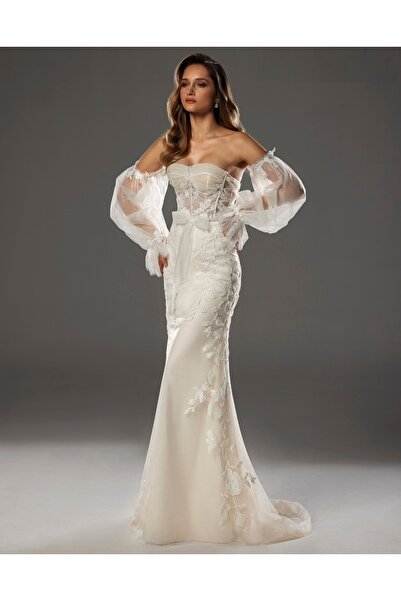 Bianco Vita Straplez Transparan Balenli Dantel ve Kurdeleli Demonte Balon Kol...