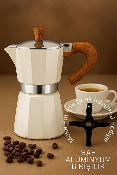 Transformacion Italyan Moka Pot - 6061 Saf Alüminyum Ahşap Saplı - 6 kişilik KREM 722064