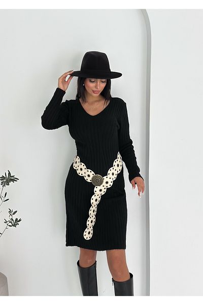 02Lady Fashion V Neck Twill Knitwear Dress
