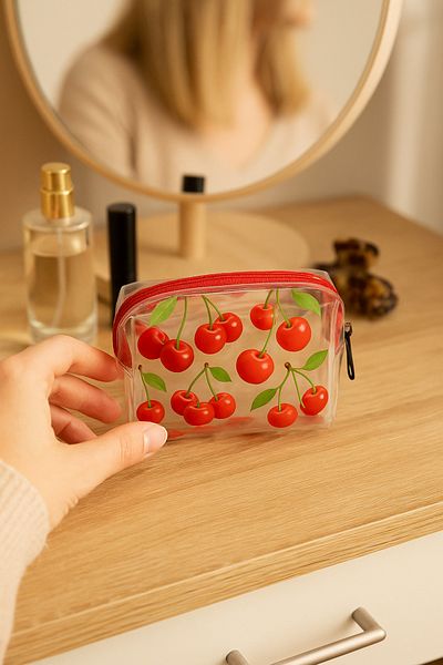 cityvision Cherry Patterned Transparent Zippered Mini Hand and Makeup Bag |   10X6Cm