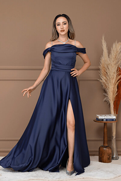 BEYBOS Saten Kumaş Büzgülü Askılı Abiye Elbise - LACİVERT