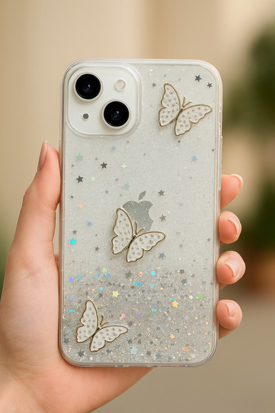 Rivor Apple iPhone 13 - 14- 15 Kılıf Kamera Çıkıntılı Simli Kelebek Kabartmal...