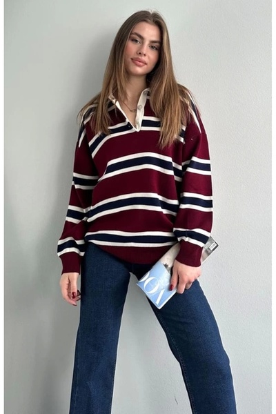 Lusin Women's Polo Neck Burgundy Oversize Knitwear Sweater