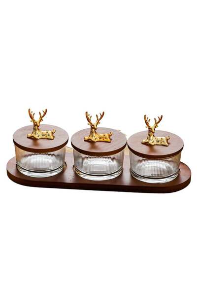 Generic Arabic vertical pattern three heroes set: 3Ã—200ml moisture-proof glass jar + natural wood lid tray