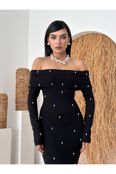 Afiş Butik Black knitwear pearls madonna collar midi dress