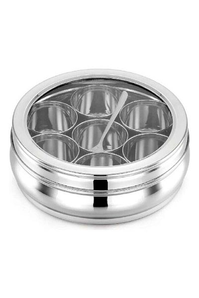 Generic Ayda Stainless Steel Spice Box Round Masala Dabba with Transparent Lid and 7 Jars 7.5inches