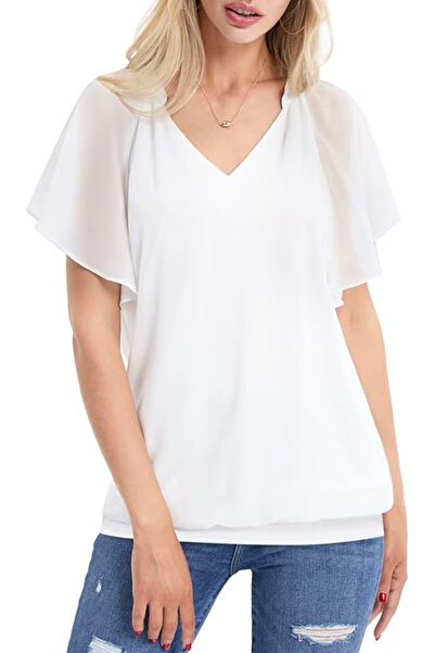 OEM Elegant thin chiffon blouse with short sleeves and V-neck, white L