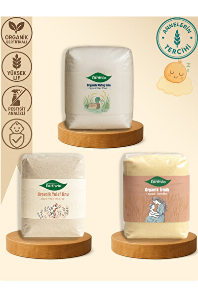 EARTHVİA Organik İrmik, Pirinç ve Yulaf Unu 3’lü Set – Katkısız & Doğal Ek Gı...