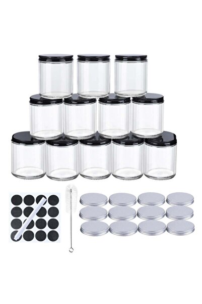 Generic 12Pack 8oz Glass Jars with Black Metal Lids & Silver Aluminum Lids, C...
