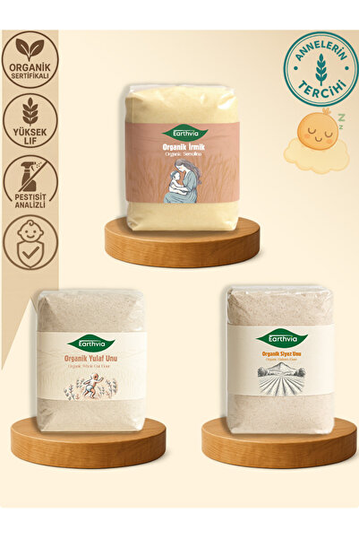 EARTHVİA Organik İrmik, Siyez ve Yulaf Unu 3’lü Set – Katkısız & Organik Un Ç...