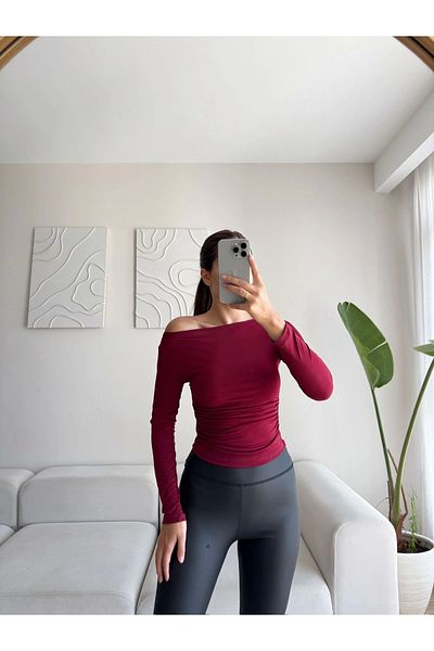 Zoom Butik Side Elastic Boat Neck Crop - Bordo