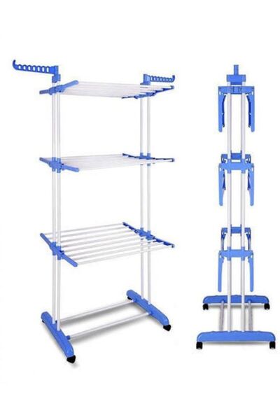 Generic علاقة ملابس بثلاث طبقات مع عجلات، أبيض/أزرق، أزرق متوسط، مقاس واحد، سنتيمتر