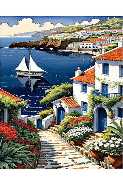 OEM Pictură pe pânză numerotată 40x50 cm, vopsea acrilică, pensule, suporturi de agățat, „Case la malul mării”