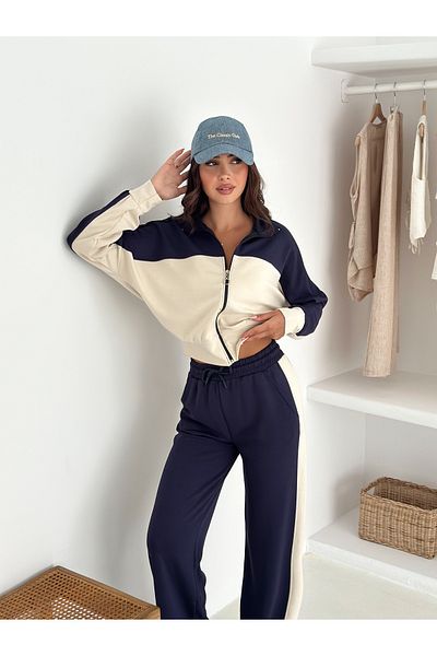 02Lady Fashion Modal Fabric Tracksuit Set Wide Legs with Garnish Zipper