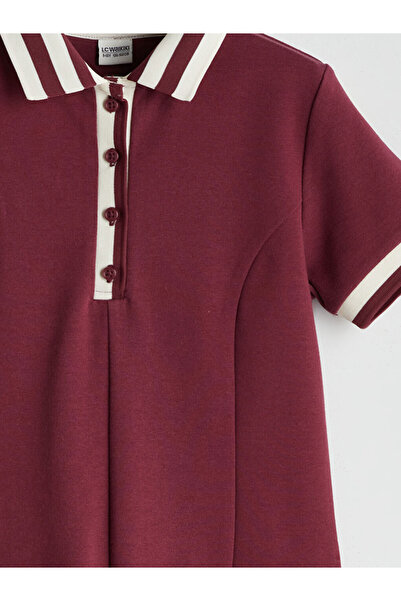 LC Waikiki Mürdüm Polo Yaka Pileli Kız Çocuk Elbise