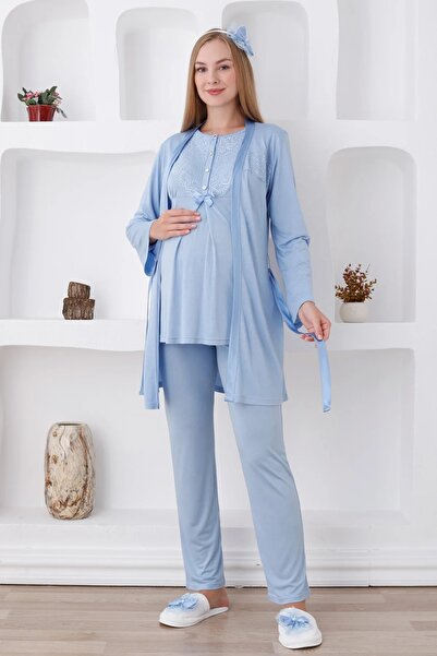 TREND Önden Düğmeli Güpürlü Sabahlıklı Lohusa Pijama Takımı - 3425