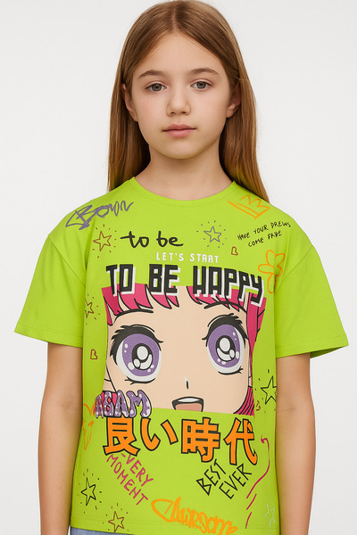 BY-GRİ Anime Printed Short Sleeve Girls T-Shirt