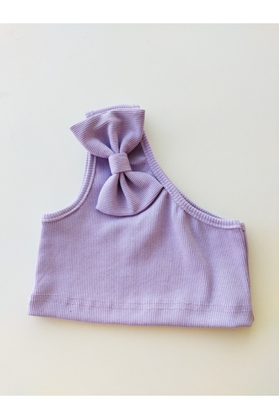HEREN Girl's Double Pink Lilac Bow One Shoulder Crop Blouse 100% Cotton Ribbed Stretch Fabric