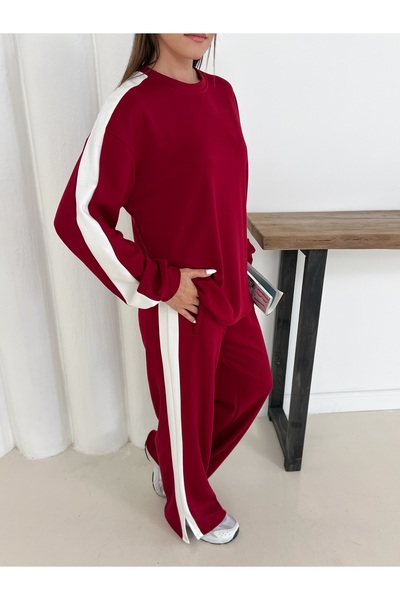 sportiness Oversize Wide Leg Modal Fabric Tracksuit Set with Wide Stripe Detail