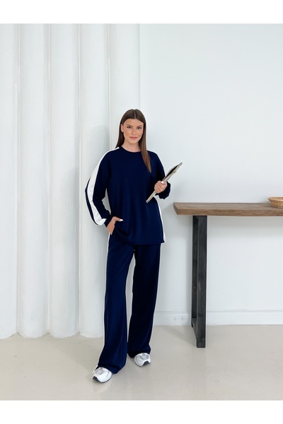 02Lady Fashion Oversize Wide Leg Modal Fabric Tracksuit Set with Wide Stripe Detail