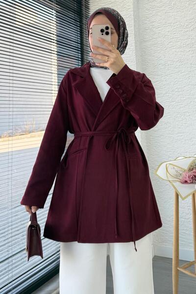 MELEK ARAZ Waist-Tie Linen Blazer Jacket – Burgundy