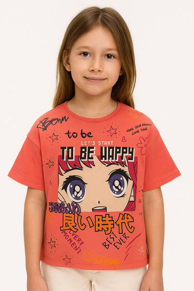 BY-GRİ Anime Printed Short Sleeve Girls T-Shirt