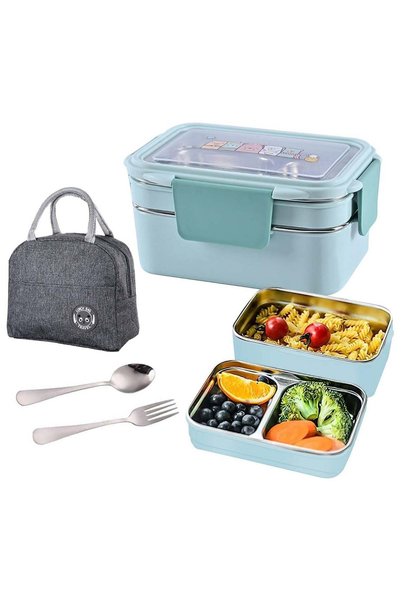Generic Bento Box, Lunch Box, 2 Tier Stainless Steel Bento Lunch Box with 3 C...