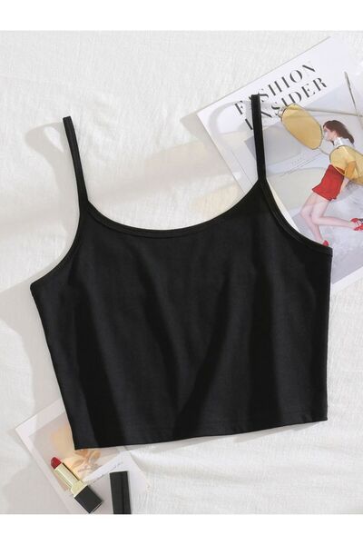 HEREN Black Ribbed Look Basic Tank Top with Straps