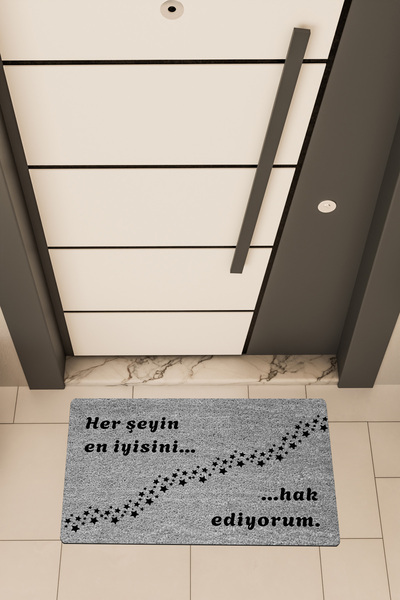 Dormot Kaliteli Dijital Baskı Gri, Hak Ediyorum temalı Kapı Önü Paspası