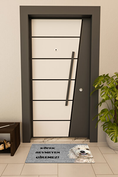 Dormot Yüksek Kaliteli Dijital Baskı Gri, Köpek Sevmeyen Giremez4 temalı Kapı Önü Paspası