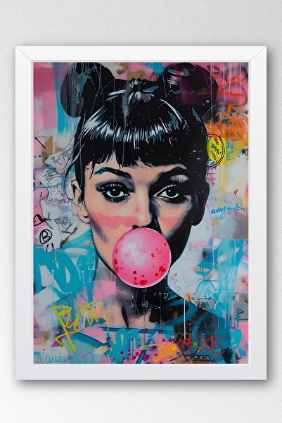 Saturn Woman Icon Framed Painting with Bubble Gum Balloon - Pop Art Poster Painting