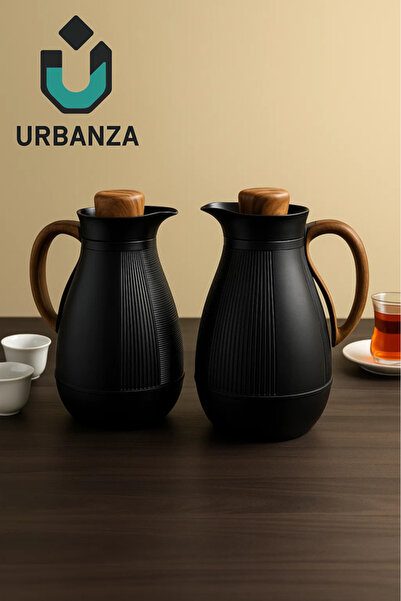 Urbanza طقم ترمس أسود - إبريقان معزولان بمقبض وغطاء خشبيين للمشروبات الساخنة ...