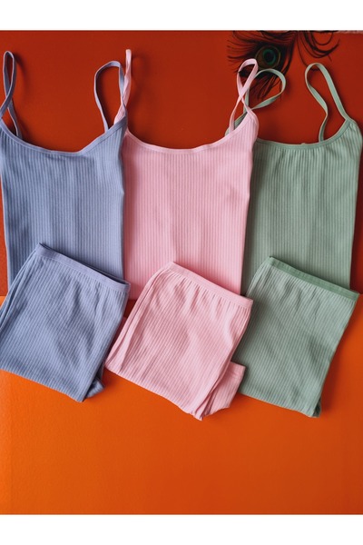 Demirsa Boutique Cotton Ribbed Lycra Pink, Blue, Green Ribbed Women's String Strap 3-Piece Tank Top and Panties-Shorts Set