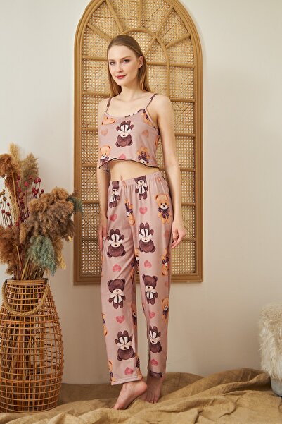 QUQUSTİL Women's Strap Crop Long Pajama Set Milky Brown Teddy Bear Model