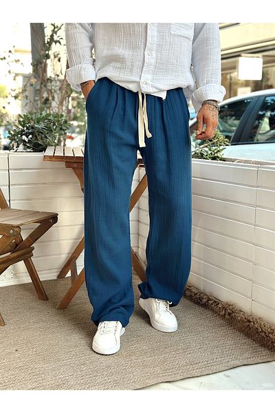 manch collection Muslin Fabric Baggy Trousers Navy Blue