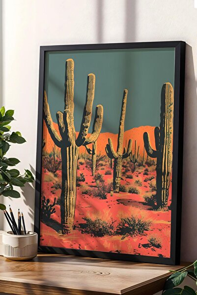 Saturn Pictură înrămată cu cactus Saguaro și plante de deșert - Pictură poster Pop Art