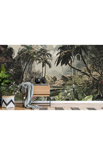 Tasarım 3D Tropikal Orman ve Kuş Desenli Duvar Kağıdı Poster - Doğal Modern D...