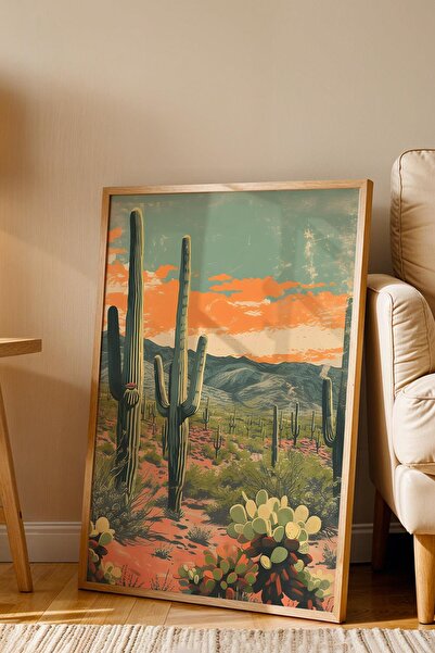 Saturn Pictură înrămată cu cactus Saguaro și plante de deșert - Pictură poster Pop Art